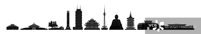 洛阳城市地标建筑黑色线稿剪影矢量插画图片素材