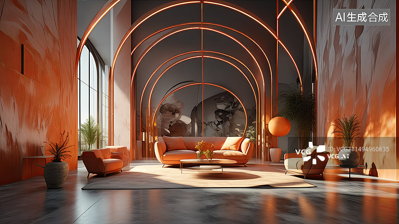 【AI数字艺术】橙色调现代客厅图片素材