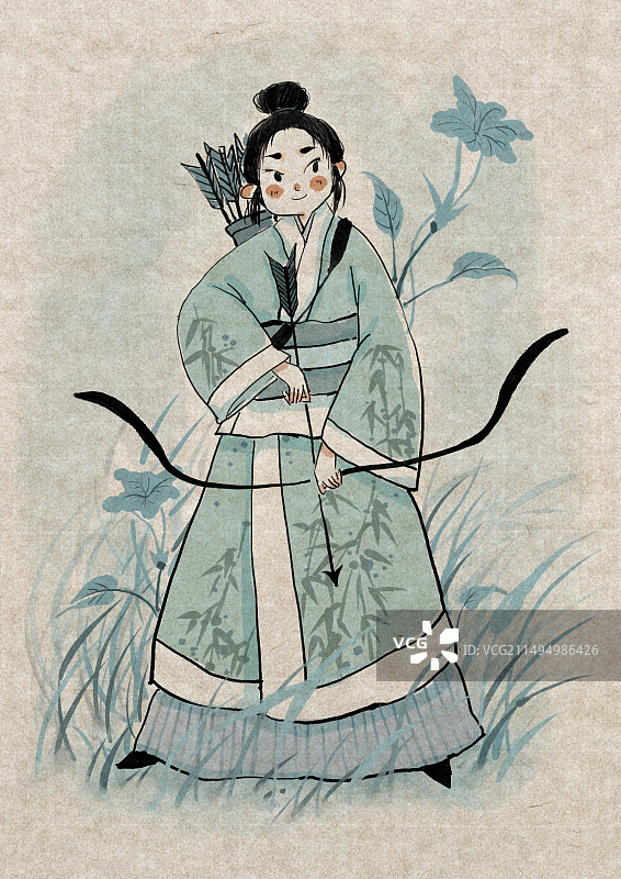 水墨射箭的古代女子花木兰图片素材