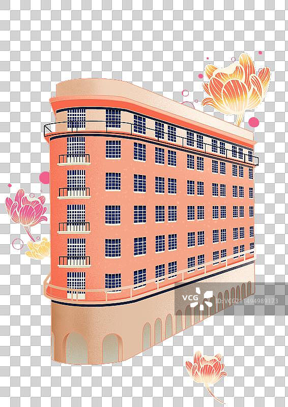上海武康大楼城市建筑热门景点与花组合插画图片素材