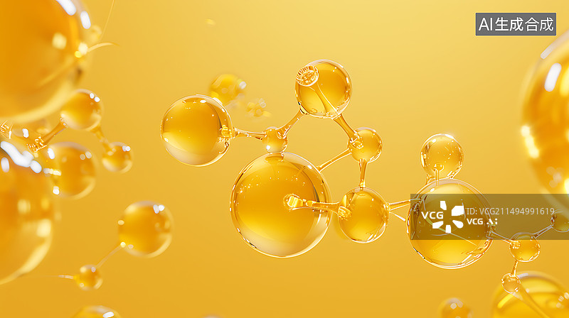 【AI数字艺术】黄色背景上的分子结构，化妆品概念场景元素图片素材