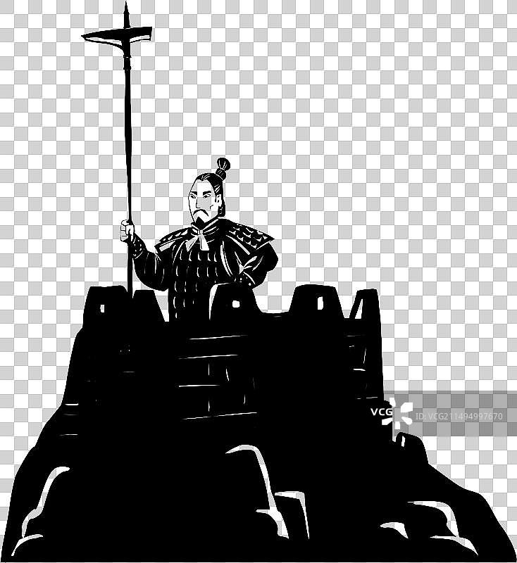 手持兵戈站在城墙的瞭望台上往远处观望的秦朝士兵人物剪纸版画元素图片素材