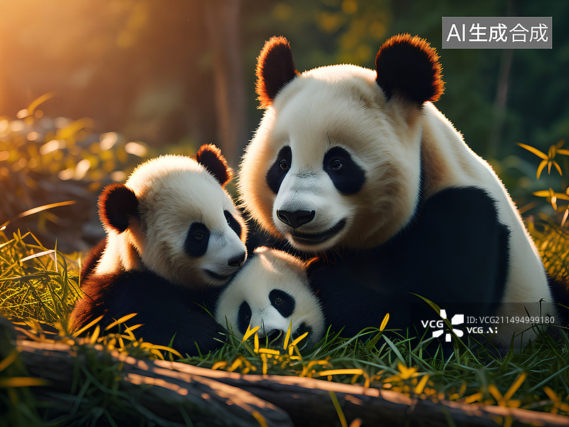 【AI数字艺术】熊猫宝宝幸福的依偎在妈妈怀里图片素材