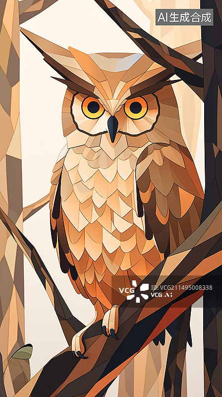 【AI数字艺术】可爱的卡通猫头鹰站在树枝上图片素材