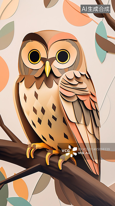 【AI数字艺术】可爱的卡通猫头鹰站在树枝上图片素材
