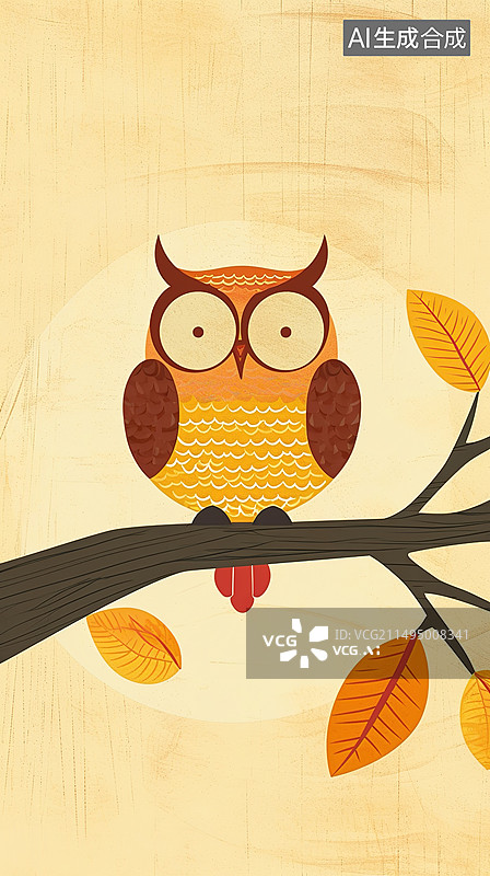 【AI数字艺术】可爱的卡通猫头鹰站在树枝上图片素材