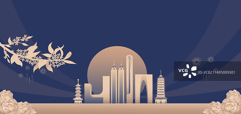 蓝金苏州地标建筑城市桂花月亮烟花矢量插画，国庆中秋节新年春节元旦庆典高端插画图片素材