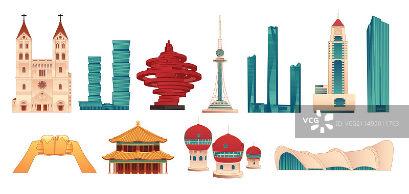 国风青岛城市印象地标建筑城市天际线矢量插画建筑群图片素材
