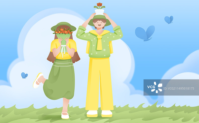 蓝天白云下情侣捧着鲜花合影留念手绘插画图片素材