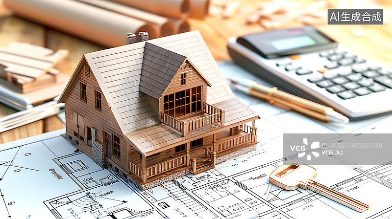 【AI数字艺术】钥匙和房屋微缩场景，房地产装修投资金融概念场景图片素材