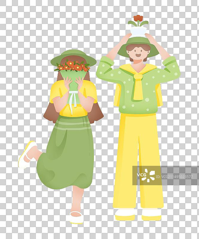 穿着休闲拿着花朵合影的情侣手绘插画元素图片素材