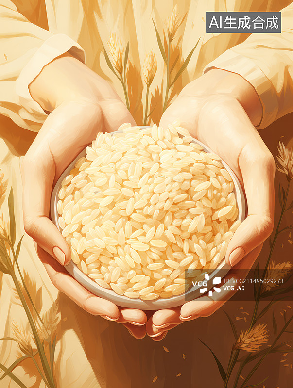 【AI数字艺术】丰收的象征：手中的一把白米插画图片素材