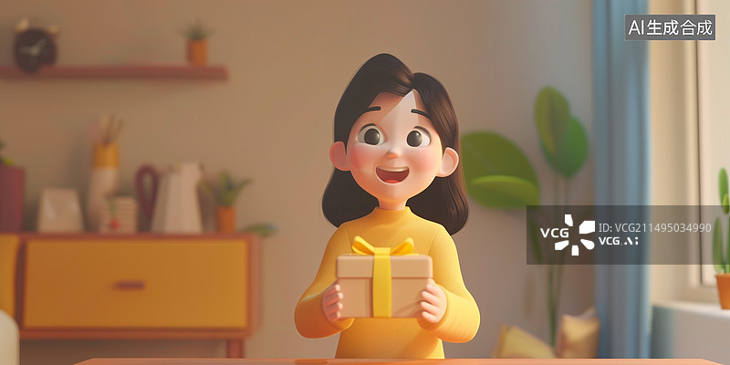 【AI数字艺术】母亲节给妈妈送礼物的女青年3D卡通插画图片素材