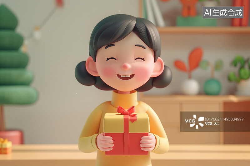 【AI数字艺术】母亲节给妈妈送礼物的女青年3D卡通插画图片素材