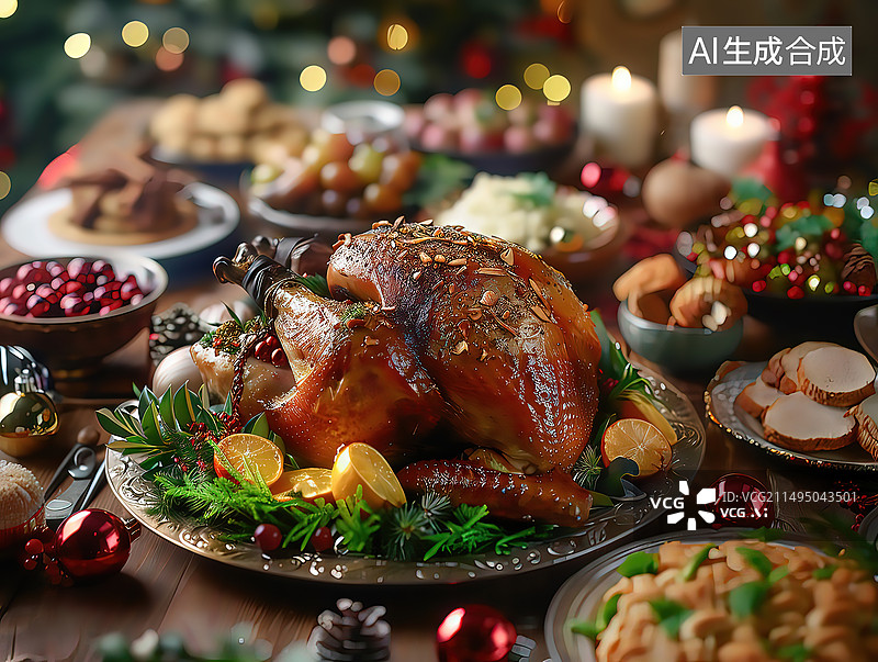 【AI数字艺术】圣诞节火鸡大餐圣诞节期间餐桌上食物的高角度视图图片素材