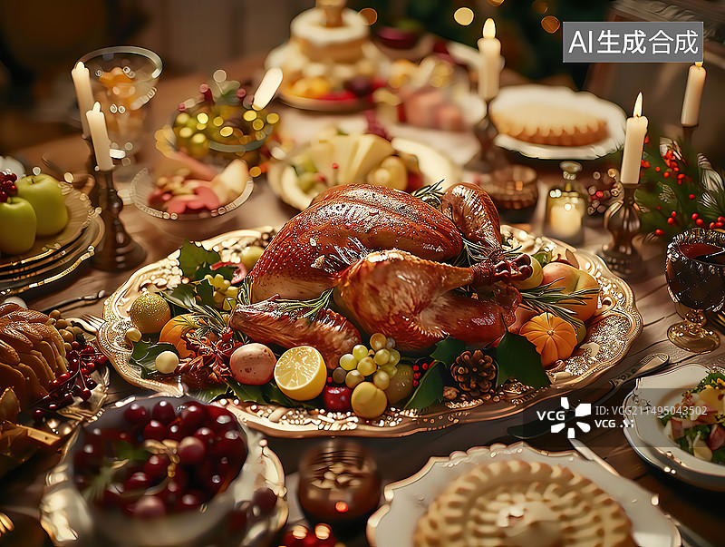 【AI数字艺术】圣诞节火鸡大餐圣诞节期间餐桌上食物的高角度视图图片素材