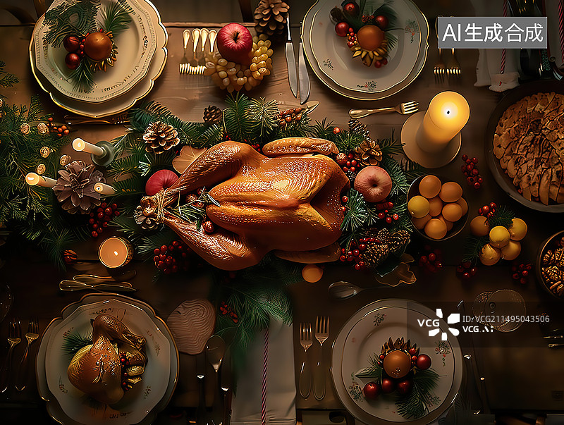 【AI数字艺术】圣诞节火鸡大餐圣诞节期间餐桌上食物的高角度视图图片素材