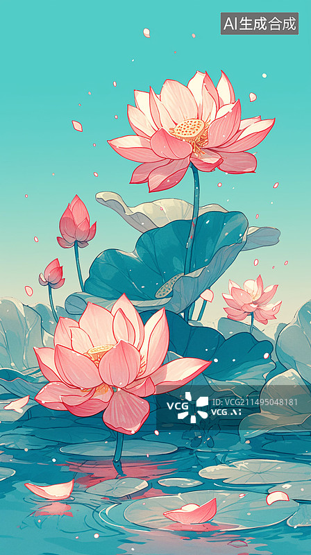 【AI数字艺术】国潮中国风荷花山水二十四节气立夏插画国潮中国风荷花山水背景插画，立夏节气荷花概念插图图片素材