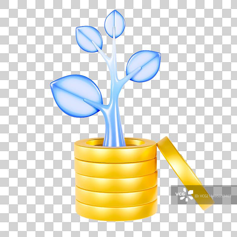 3D立体渐变蓝色玻璃风发财树金币金融理财元素图片素材