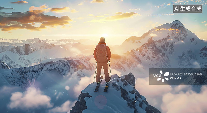 【AI数字艺术】站在白雪皑皑的山上的人图片素材