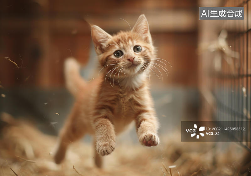 【AI数字艺术】一只姜黄色的小猫正在谷仓的半空中跳跃图片素材
