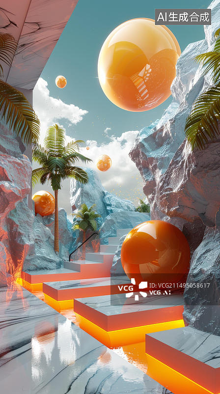 【AI数字艺术】超现实风景画漂浮的橙色球体和棕榈树图片素材