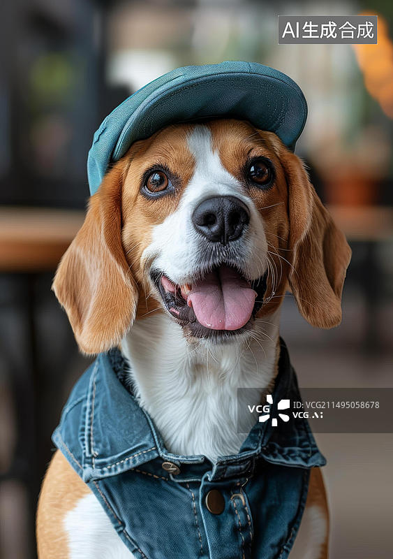 【AI数字艺术】一只戴着蓝色帽子和牛仔夹克的可爱小猎犬图片素材