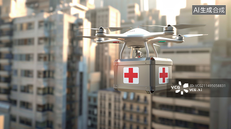 【AI数字艺术】现代城市上空，一架无人机携带一个医药箱图片素材