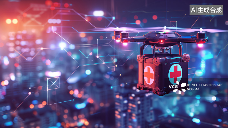 【AI数字艺术】城市上空，一架科技感的智能救援医疗无人机图片素材