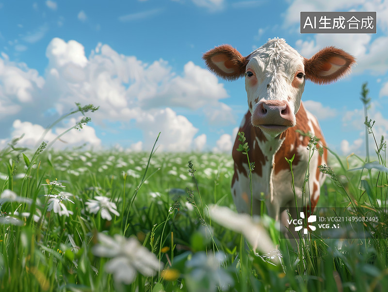【AI数字艺术】奶牛阳光牧场近景图片素材