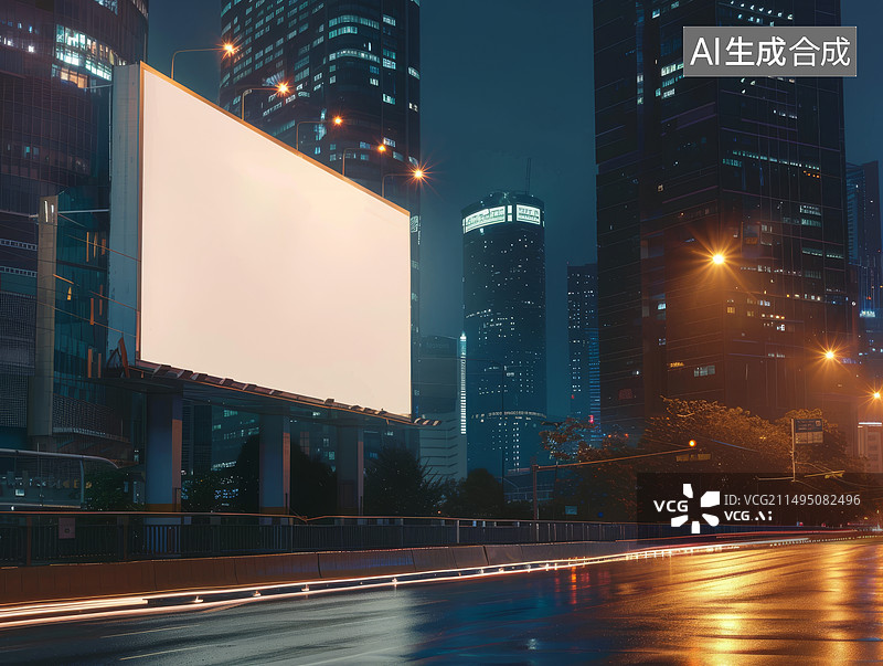 【AI数字艺术】夜晚城市路旁空白户外广告牌图片素材
