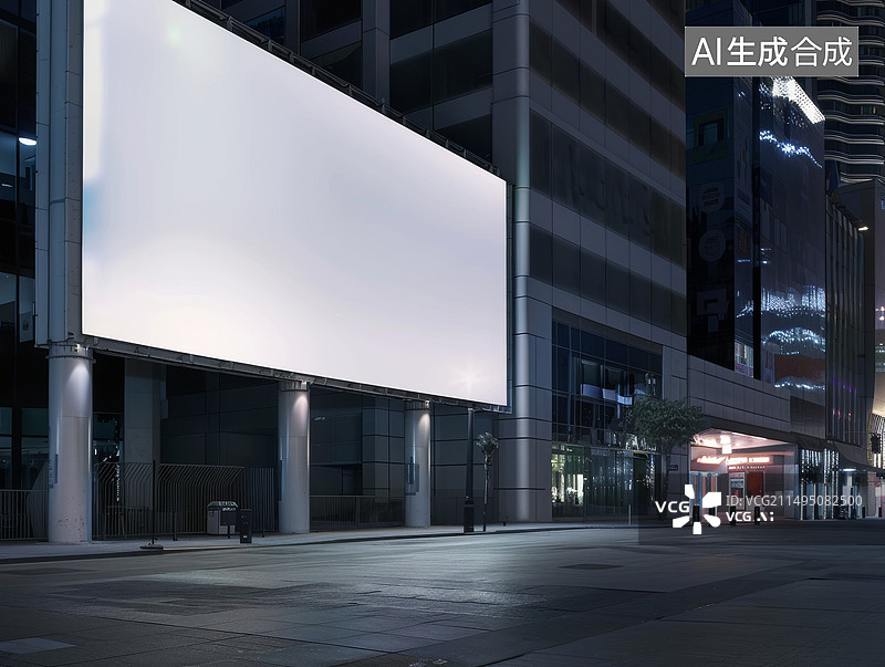 【AI数字艺术】夜晚城市路旁空白户外广告牌图片素材