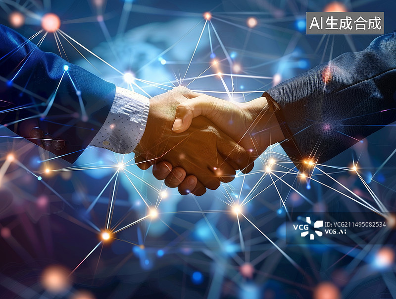 【AI数字艺术】穿西装的商务白领在科技背景下握手图片素材