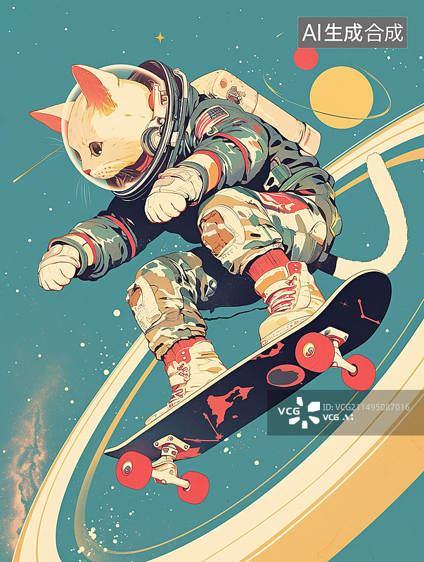 【AI数字艺术】穿宇航服的猫玩滑板图片素材