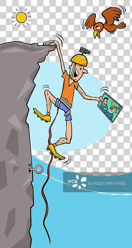 卡通登山者在平板电脑上看广播图片素材