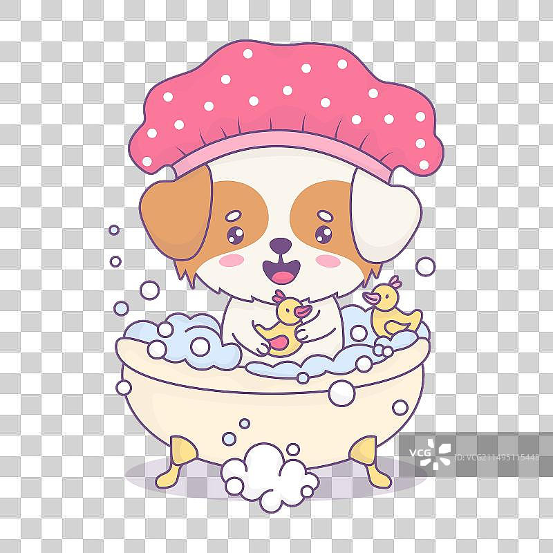 戴着粉色浴帽在浴缸里洗澡的有趣小狗图片素材