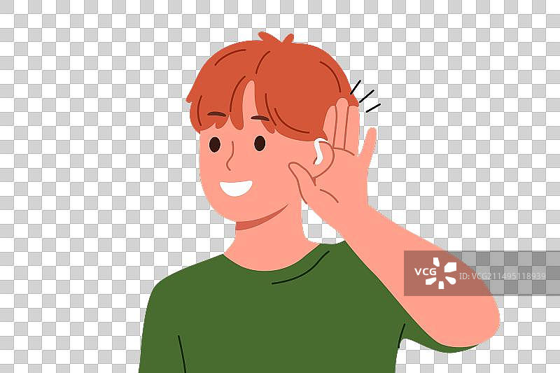 使用助听器并用手掌放在耳朵上微笑的男孩图片素材
