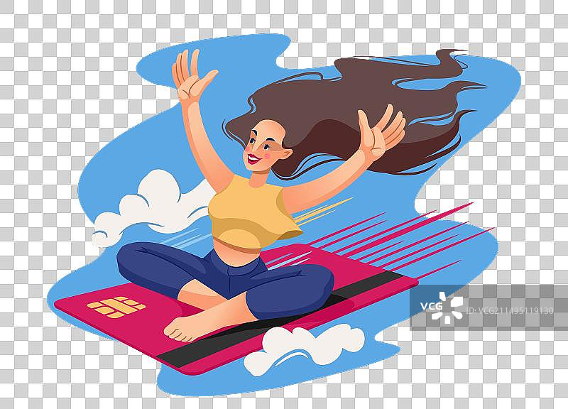 女人乘坐信用卡在天空飞行图片素材