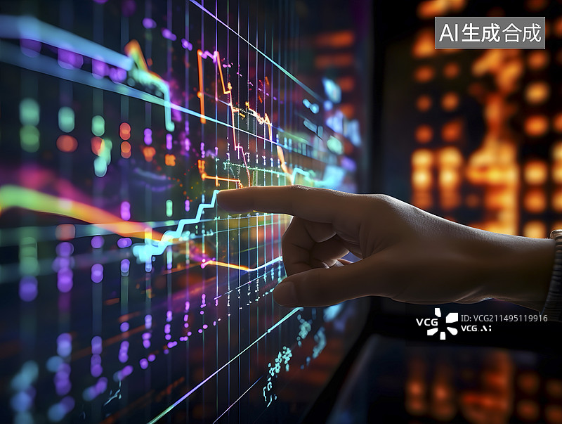 【AI数字艺术】赛博空间中人手指着数据统计图的特写镜头图片素材