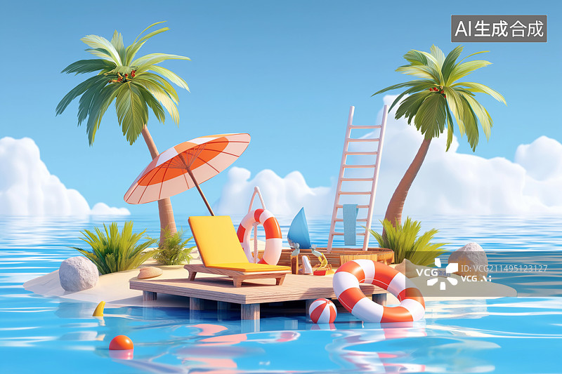 【AI数字艺术】夏季海滩风光插画图片素材