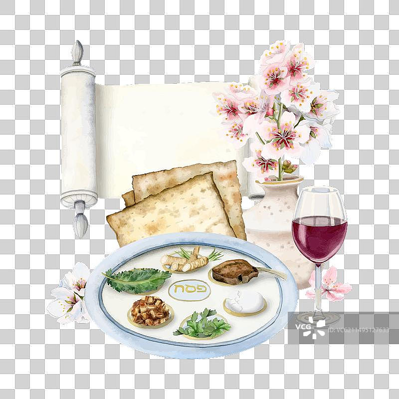 逾越节晚餐盘与传统膳食图片素材