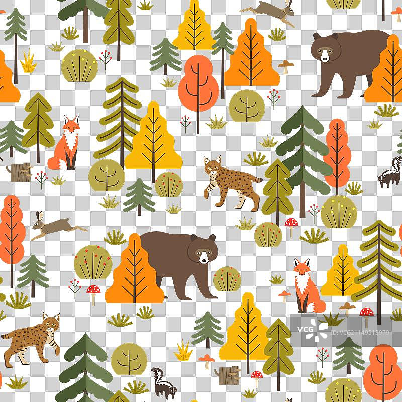 秋季森林野生动物无缝图案图片素材