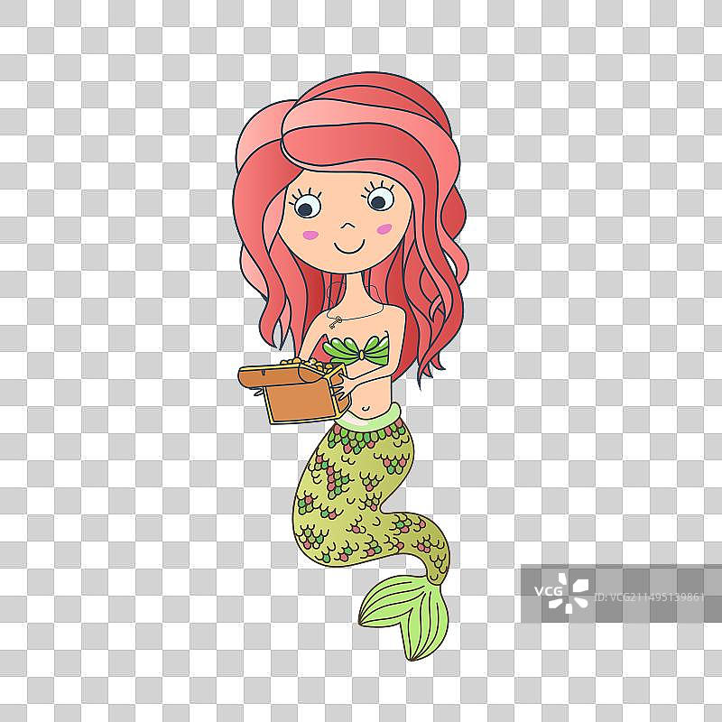 带有绿色鳞片尾巴和红色的可爱小美人鱼图片素材