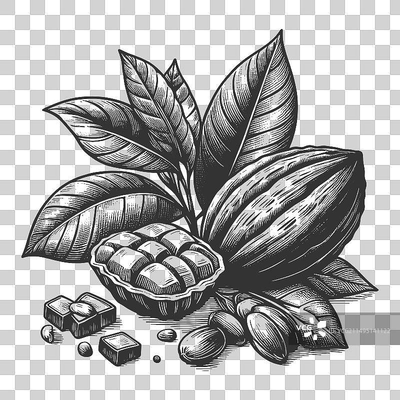 可可豆荚和巧克力棒素描图片素材