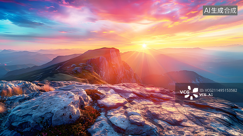 【AI数字艺术】AIGC:黎明的第一束阳光晒在山顶山，自然风光 插图背景图片素材