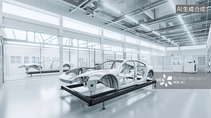 【AI数字艺术】白色现代工厂里的一台汽车车架——汽车工业制造设计概念图片素材