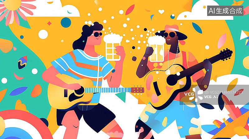【AI数字艺术】夏日啤酒狂欢节主题插画——一边喝着啤酒一边弹吉他的年轻人图片素材