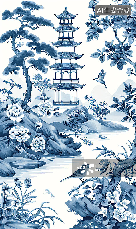 【AI数字艺术】青花瓷风格自然风景插画图片素材