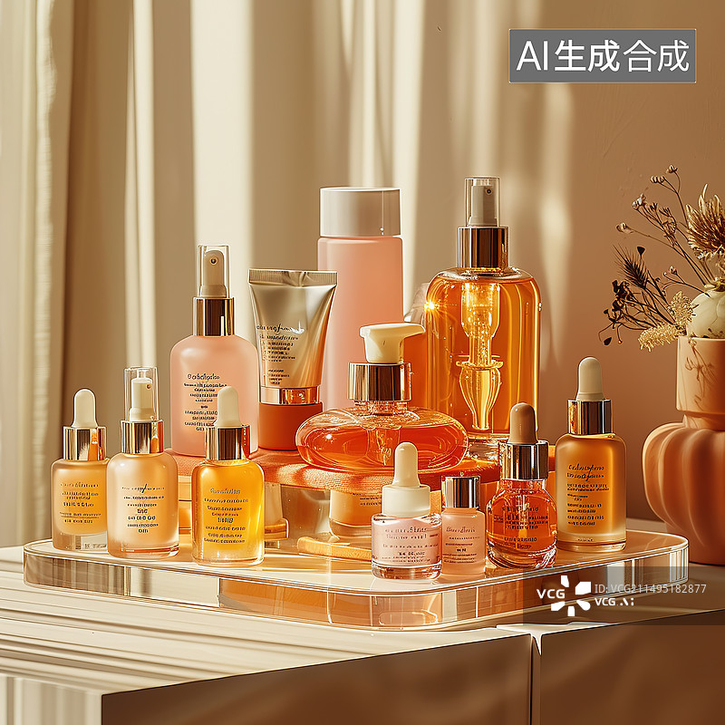 【AI数字艺术】身体和面部护理美容浴套装。瓶装洗发水或沐浴露乳液，精油，面霜，按摩刷和抗脂肪团图片素材
