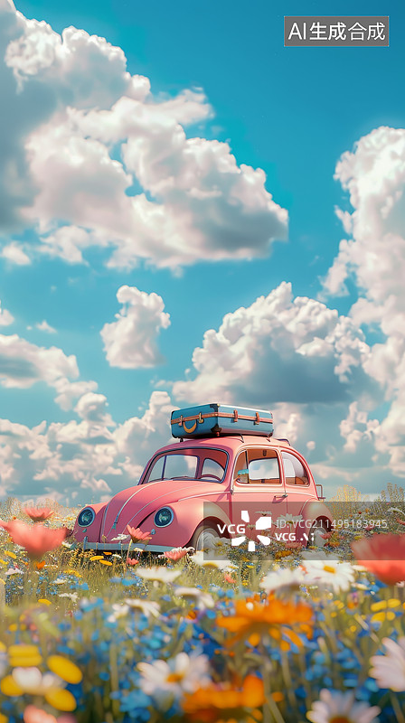 【AI数字艺术】花丛中停着一辆粉色的老爷车图片素材